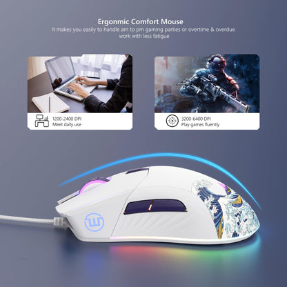Womier Wired Gaming Mouse - 12000DPI, 6 Programmable Buttons, Ergonomic Design, White RGB, Compatible with Laptop/PC/Mac - G705 V2 Kanagawa