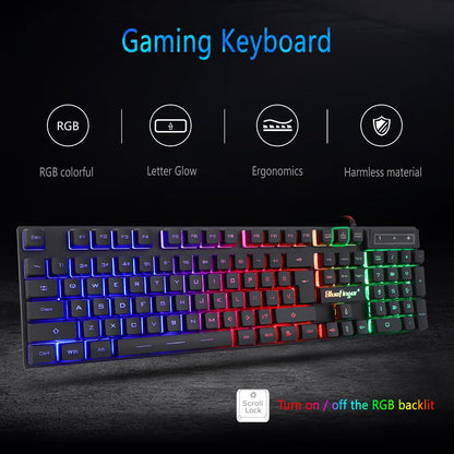 BlueFinger RGB Gaming Keyboard & Mouse Combo, Wired USB, LED Backlit, Black, for PC & Laptop Gaming