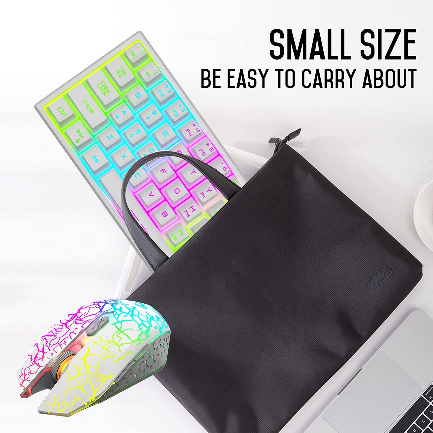 LexonElec Wireless Gaming Keyboard and Mouse Combo, 61 Key RGB Backlit, Ergonomic Design, Rechargeable, White Rainbow, Model T61