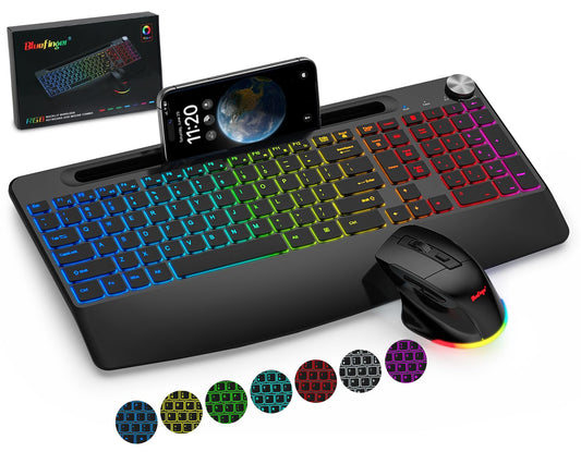 BlueFinger Wireless Keyboard and Mouse Combo Backlit  2.4G Rechargeable Ergonomic Gaming Keyboard with Wrist Rest  Phone Holder  Volume Knob  Silent Light Up Keyboard with Mouse for Computer Laptop