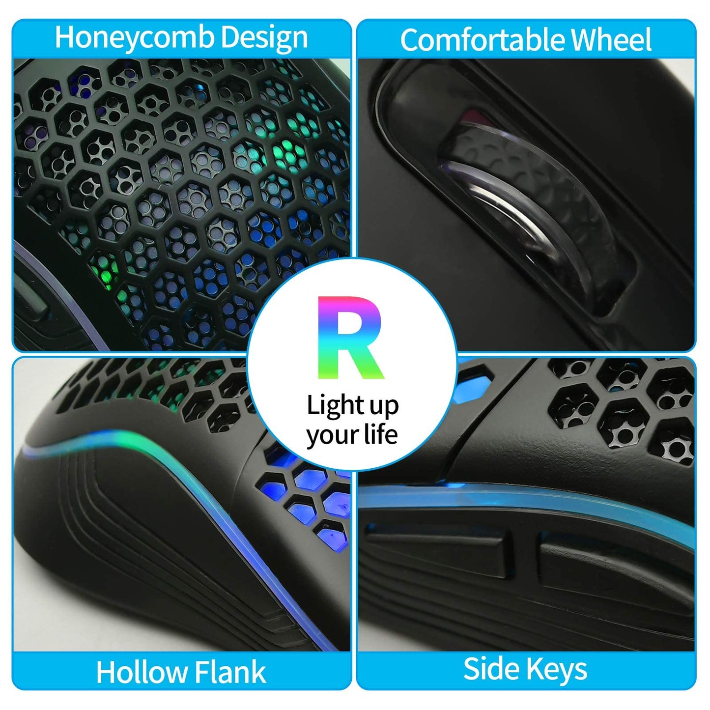 Techsea Honeycomb Wired Gaming Mouse - RGB Backlight, 7200 DPI, Ergonomic, Lightweight, USB, Black