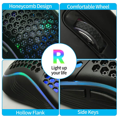 Techsea Honeycomb Wired Gaming Mouse - RGB Backlight, 7200 DPI, Ergonomic, Lightweight, USB, Black