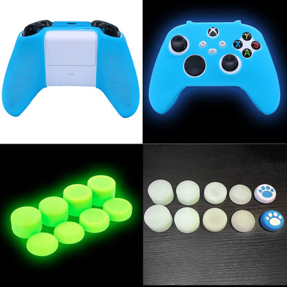 HLRAO Blue Silicone Cover for Xbox Series X/S Controller - Glow in the Dark, Anti-Slip, Soft Rubber Case + 8 Thumb Grips & 2 Cat Paw Caps