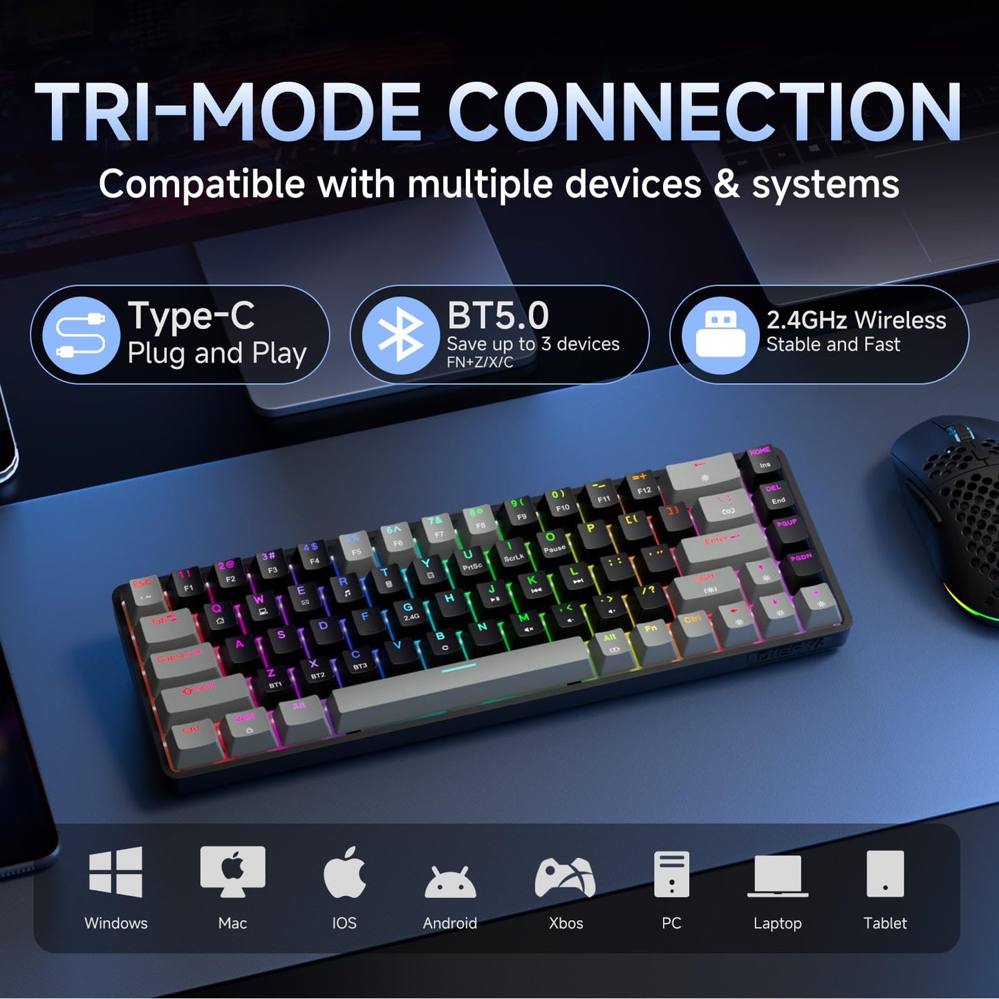 DIERYA DK68 Wireless Mechanical Gaming Keyboard - 60% Compact, Clicky Blue Switch, RGB Backlit, Grey/Black