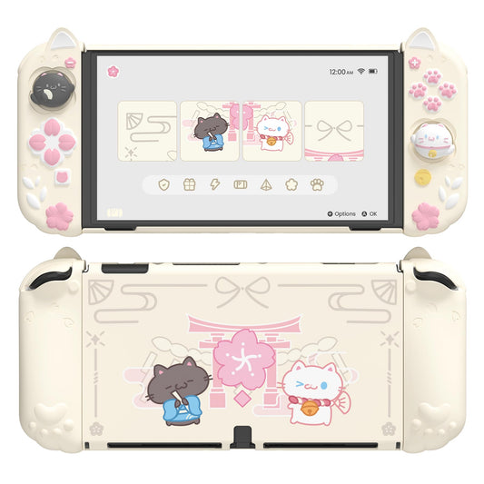 playvital Protective Case for Nintendo Switch OLED with Extra Stand - Cherry Blossoms Kitten Dockable Hard Shell Cover + Silicon