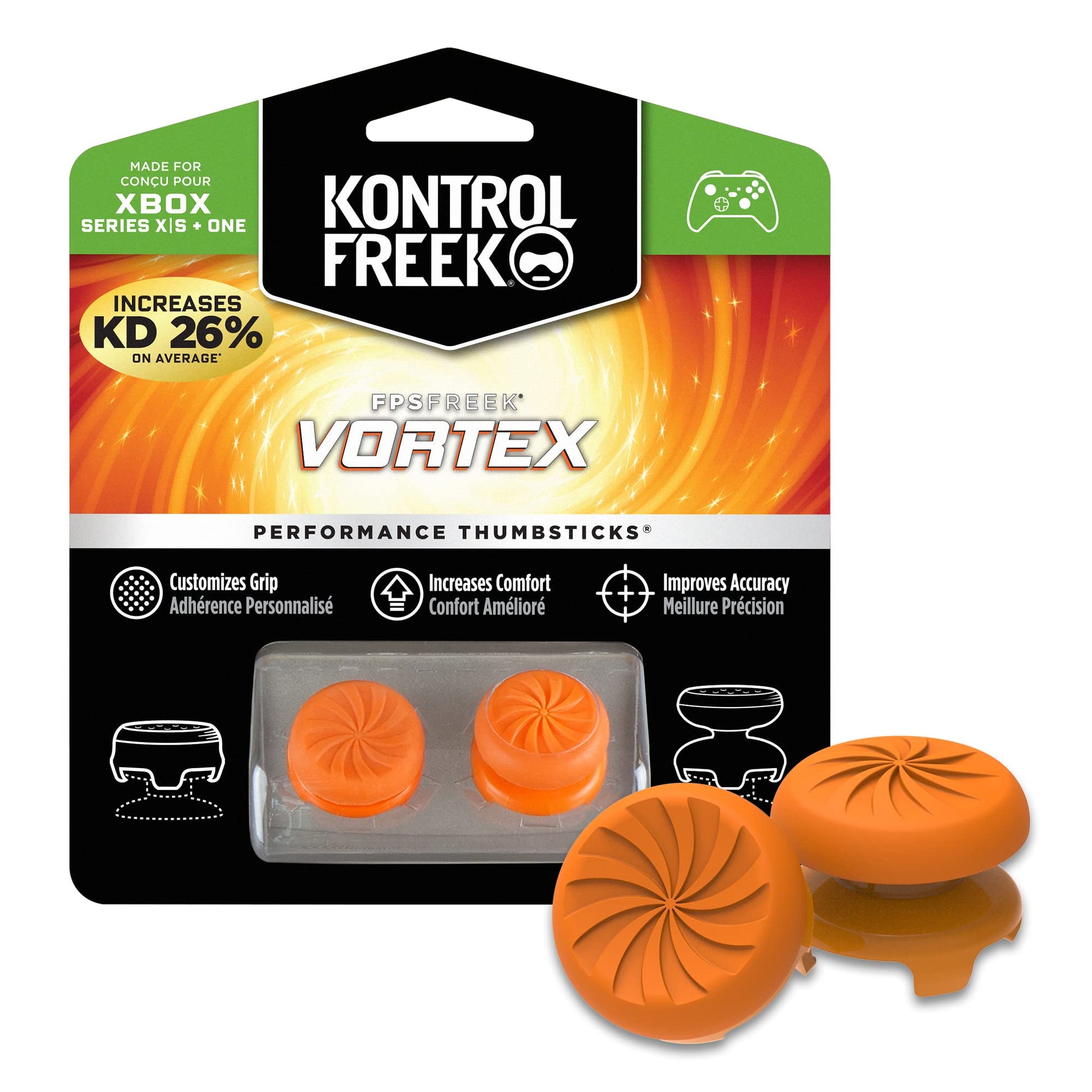 KontrolFreek FPS Freek Vortex Performance Thumbsticks for Xbox One/Series X - 1 High-Rise Convex, 1 Mid-Rise Concave, Orange