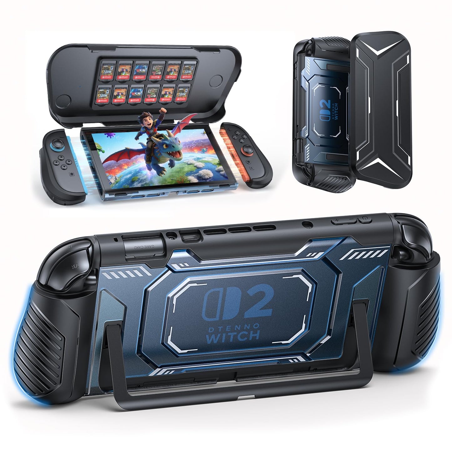FASTSNAIL Switch 2 Protective Case  Switch 2 Cover with Dockable TPU Middle Frame  Non-Slip Ergonomic Grip for Joycon 2  Anti-Scratch PC Front Cover with 12 Game Card Slots for Switch2 - Blue