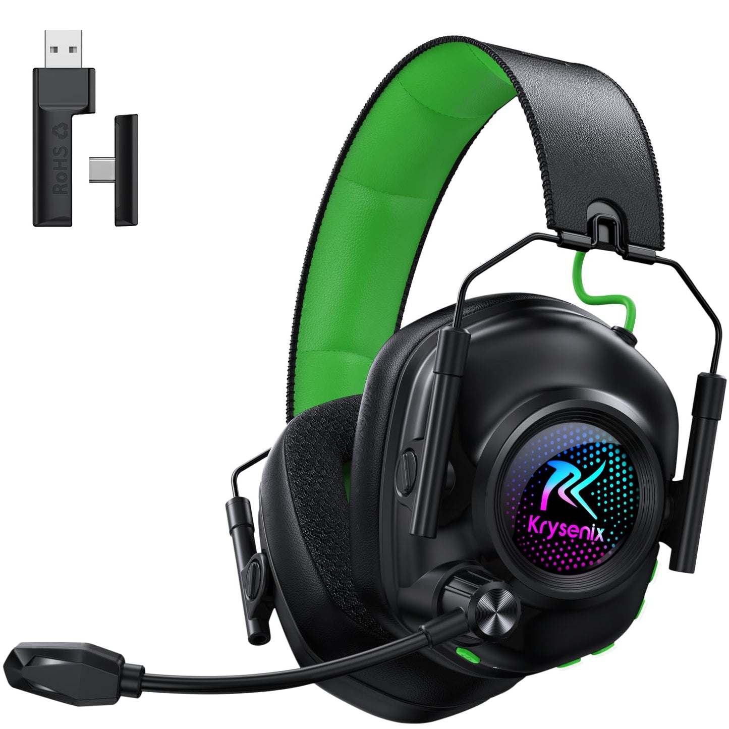 Wireless Gaming Headset with Noise Canceling Microphone for PC  PS5  PS4  Switch  Mac  2.4 GHz Wireless & Bluetooth 5.4 Gaming Headphones  Cool RGB Lighting  50Hr Battery  50mm Drivers(Deep Green)