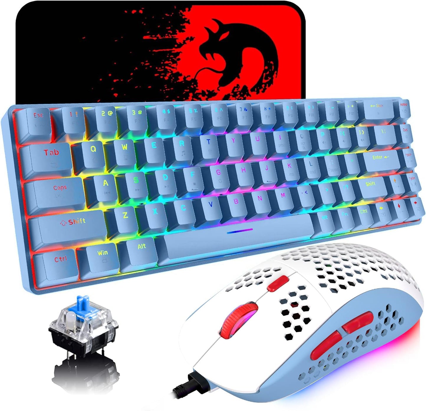 65% Wired Gaming Mechanical Keyboard and Mouse Combo  Mini 68 Keys  RGB Backlight  Lightweight RGB 6400DPI Honeycomb Optical Mouse Mouse Pad Compatible with PS4 Xbox PC Laptop MAC (Blue/Blue Switch)