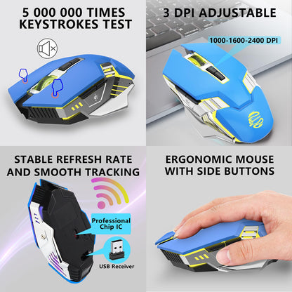 SHUNJINRUN Blue Wireless Gaming Mouse - Bluetooth, 2400 DPI, RGB Backlit, Silent Multi-Device, Rechargeable for Laptop & PC
