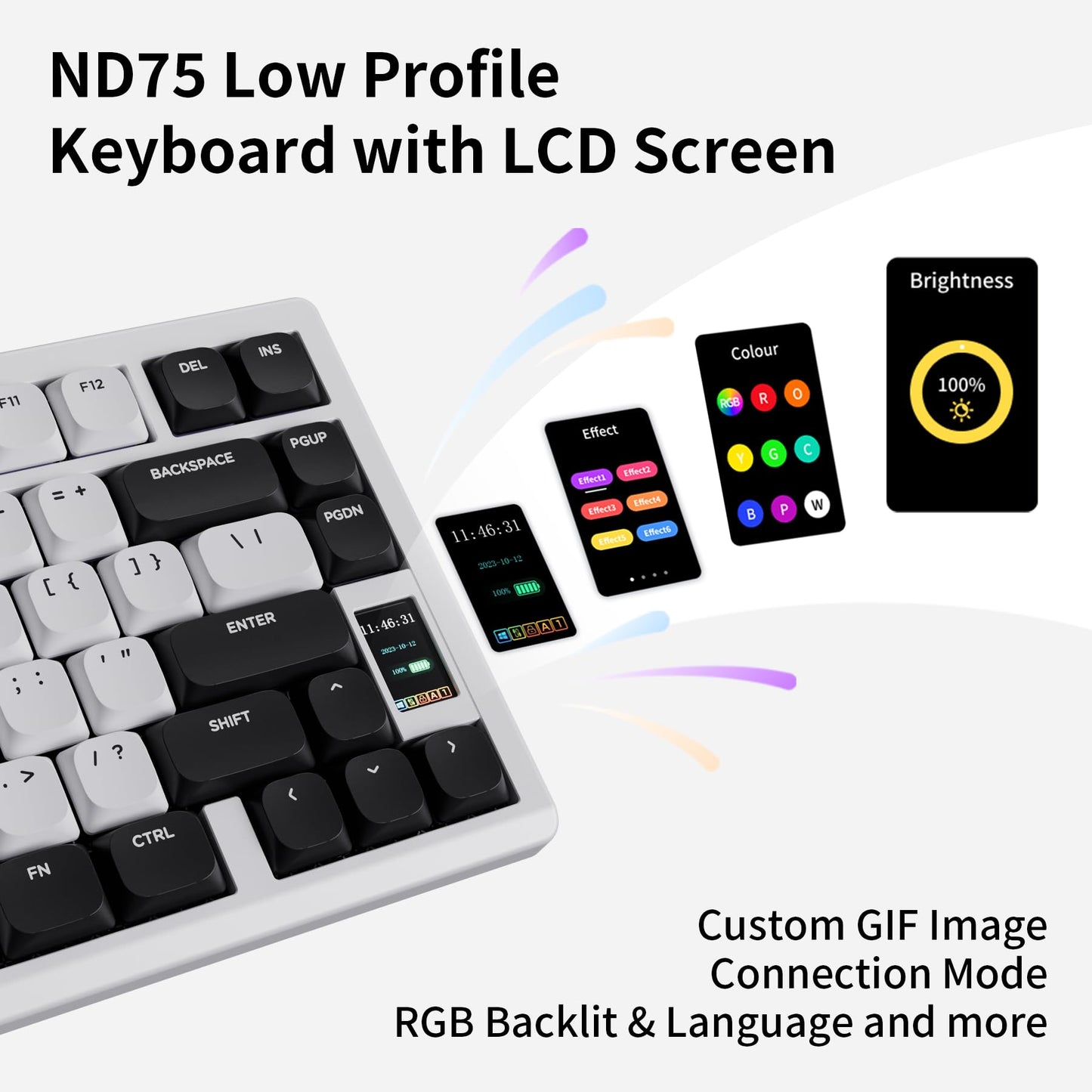 OOCTPK Wireless Mechanical Gaming Keyboard - Chilkey ND75 LP, Hot Swappable RGB, Bluetooth/2.4G/USB-C, White, Full-Aluminum Design