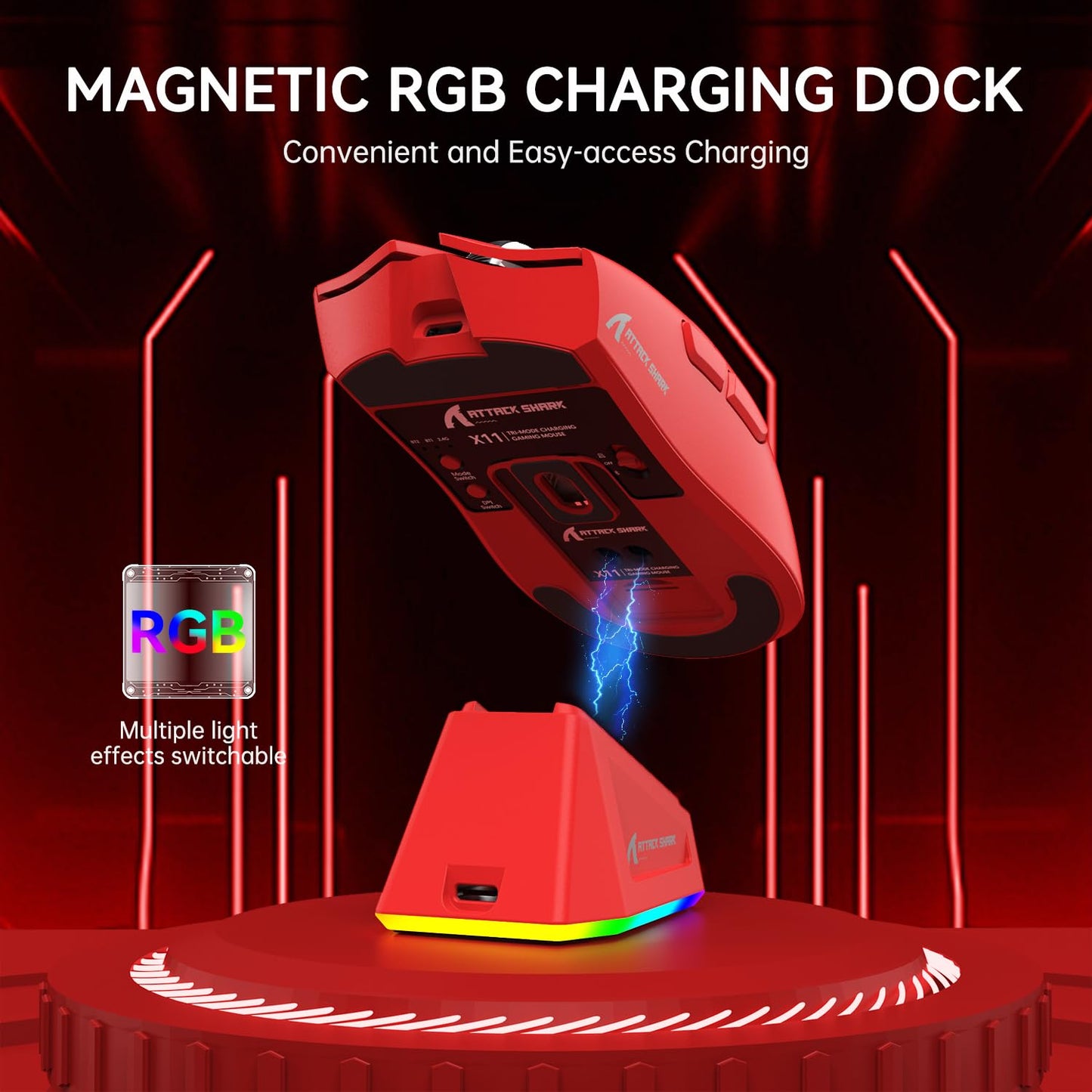 ATTACK SHARK X11 Wireless Gaming Mouse, RGB Charging Dock, 22K DPI, 2.4G/USB-C/BT, 5 Buttons, Red