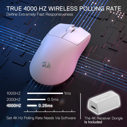 Redragon M916 PRO Wireless Gaming Mouse - 4K Polling Rate, 26K DPI, Ergonomic Grip, Ultra-Light, White