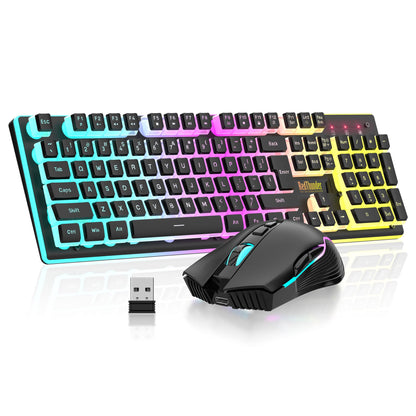 RedThunder K10 Wireless Gaming Keyboard & Mouse Combo, RGB Backlit, 3200DPI, Black Pudding