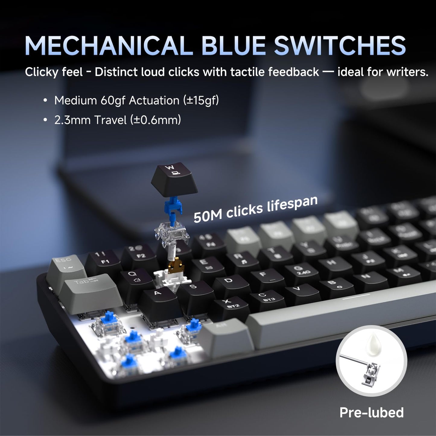 DIERYA DK68 Wireless Mechanical Gaming Keyboard - 60% Compact, Clicky Blue Switch, RGB Backlit, Grey/Black