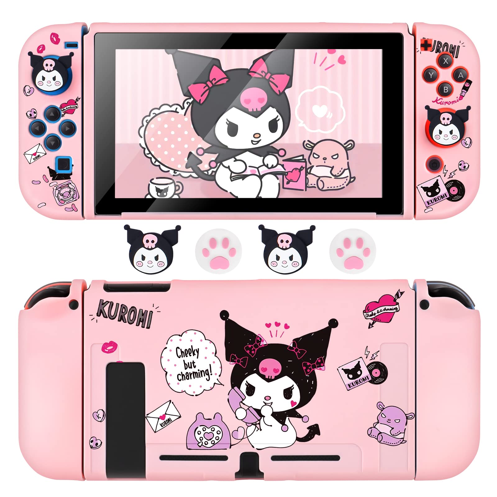 DLseego Switch Protective Case - Soft TPU, Shockproof, Scratch Resistant, Pink Rabbit Design with Bunny & Cat Paw Thumb Grips