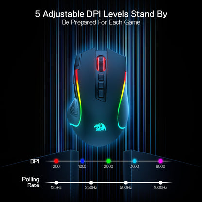 Redragon M612 PRO RGB Gaming Mouse - 8000 DPI, Wired/Wireless, 9 Programmable Buttons, 7 Backlit Modes, Black