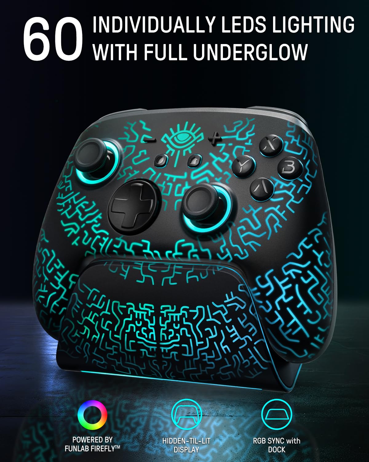 FUNLAB Switch 2 Pro Controller with Charging Dock - Wireless Bluetooth, Hall Effect Joysticks, 7 LED Colors, Black, Model FF01