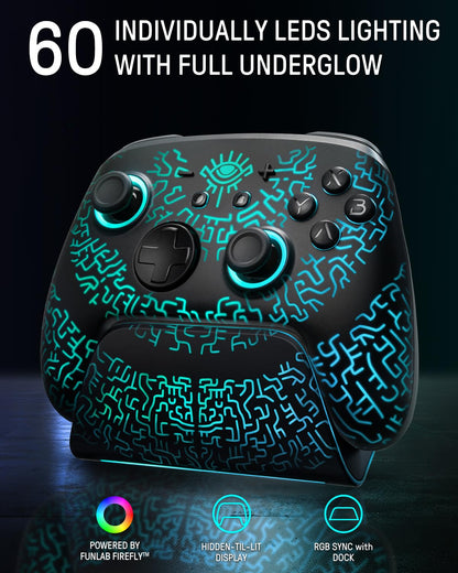 FUNLAB Switch 2 Pro Controller with Charging Dock - Wireless Bluetooth, Hall Effect Joysticks, 7 LED Colors, Black, Model FF01