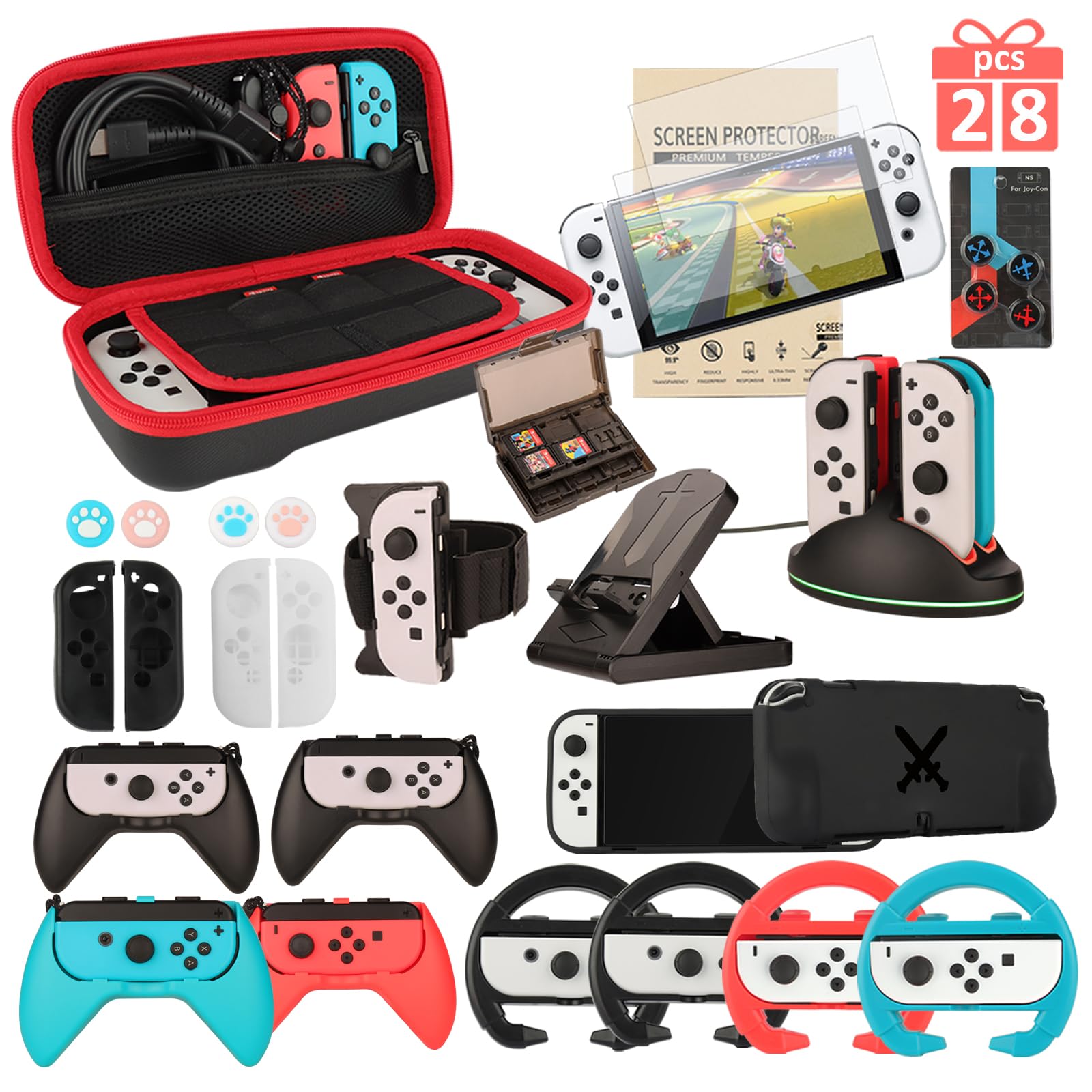 Switch OLED Accessories - 28 in 1 Family Accessory Bundle Kit for Nintendo Switch OLED Edition Carrying Case&Tempered Glass Protector Joy Con Charger  Gaming Steering Wheels  Grips and More