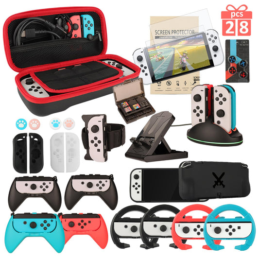 Switch OLED Accessories - 28 in 1 Family Accessory Bundle Kit for Nintendo Switch OLED Edition Carrying Case&Tempered Glass Protector Joy Con Charger  Gaming Steering Wheels  Grips and More