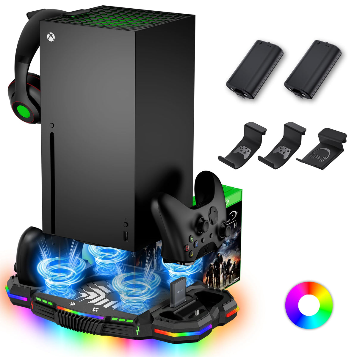 Cooling Fan Charging Stand for Xbox Series X Console and Controller - Vertical Cooler System & Charger Station with 15 RGB Light Modes  2 Batteries and 3 Holders for Xbox Series X Accessories Storage