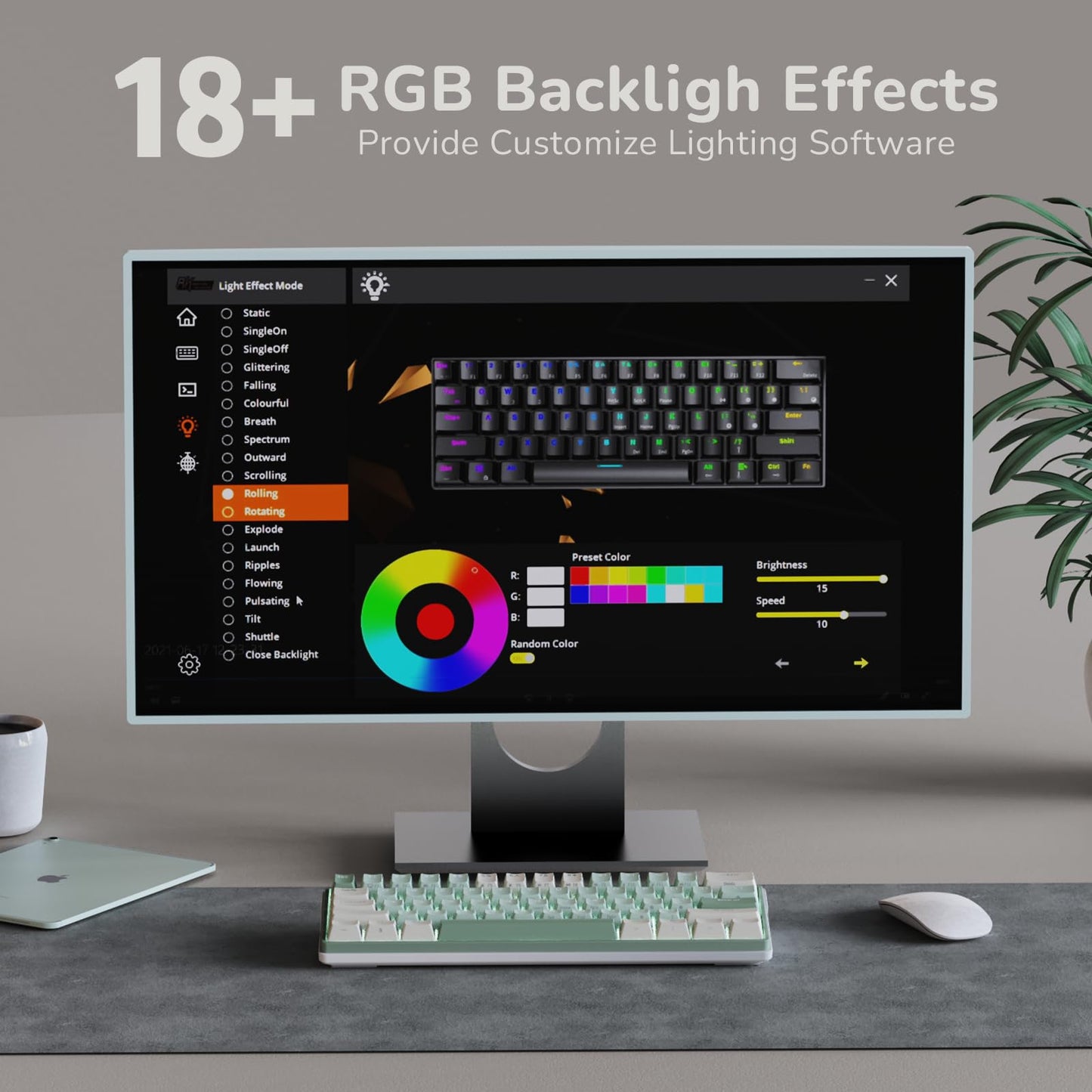 RK ROYAL KLUDGE RK61 Plus 60% Wireless Mechanical Keyboard, Tactile Pale Green Switches, RGB, USB Hub, Bluetooth/2.4Ghz for PC/Mac/
