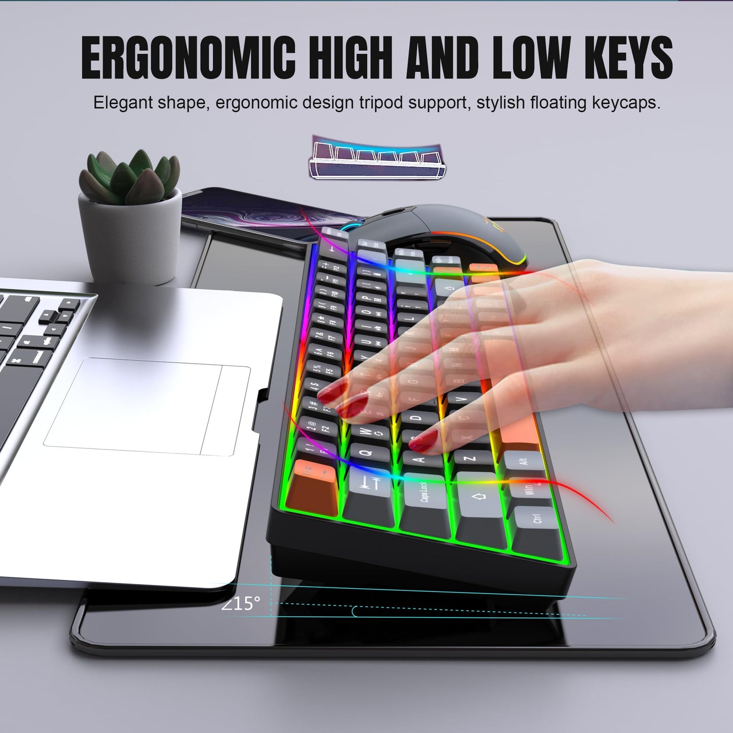 Snpurdiri 60% Wireless Gaming Keyboard & Mouse Combo, RGB Backlit, Rechargeable 2000mAh Battery, Gray-Black-Orange