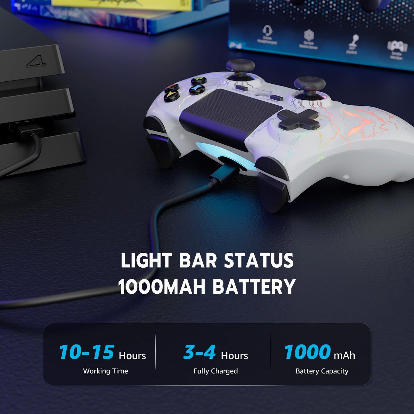 ISHAKO PS4 Controller - RGB Light, 1000mAh Battery, Double Vibration, 6-Axis Motion Control, 3.5mm Audio Jack - White