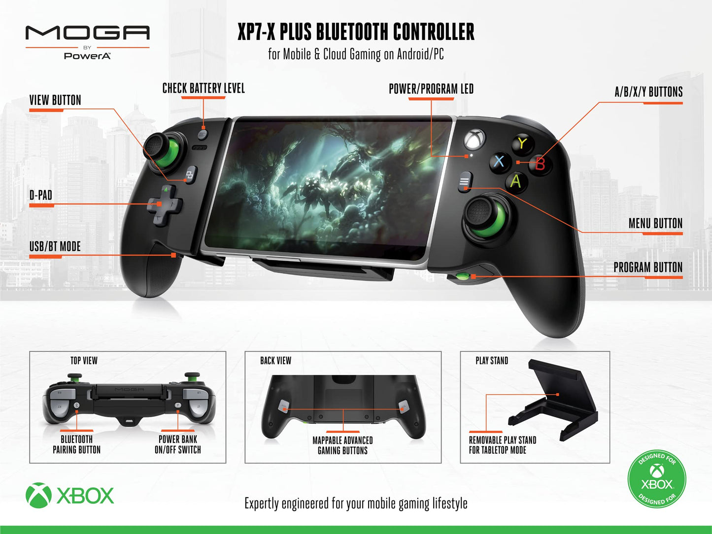 PowerA MOGA XP7-X Plus Bluetooth Controller for Mobile & Cloud Gaming - Telescoping Gamepad for Android/PC