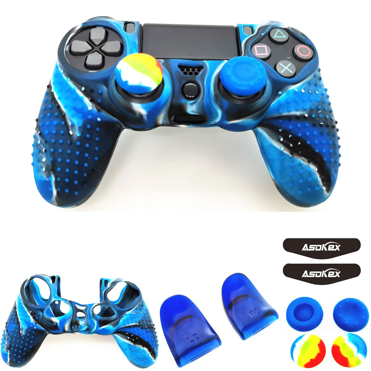 Silicone Skin Cover for Ps4 Controller (1pc Anti-Slip Case  1 Pair L2 R2 control button Extender  4pcs Thumb Grips 4pcs LED Light Bar Decal) Protector for DualShock PS4/ Slim/Pro Controller (Blue granular)