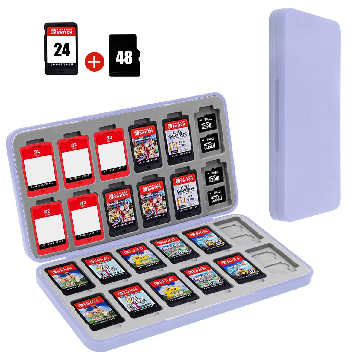 FYY Nintendo Switch Game Case Holder for Switch 2 refill unit Case with 24 Game Card sections & 48 Micro SD Card sections  Hard Shell  Silicone Lining Light Purple