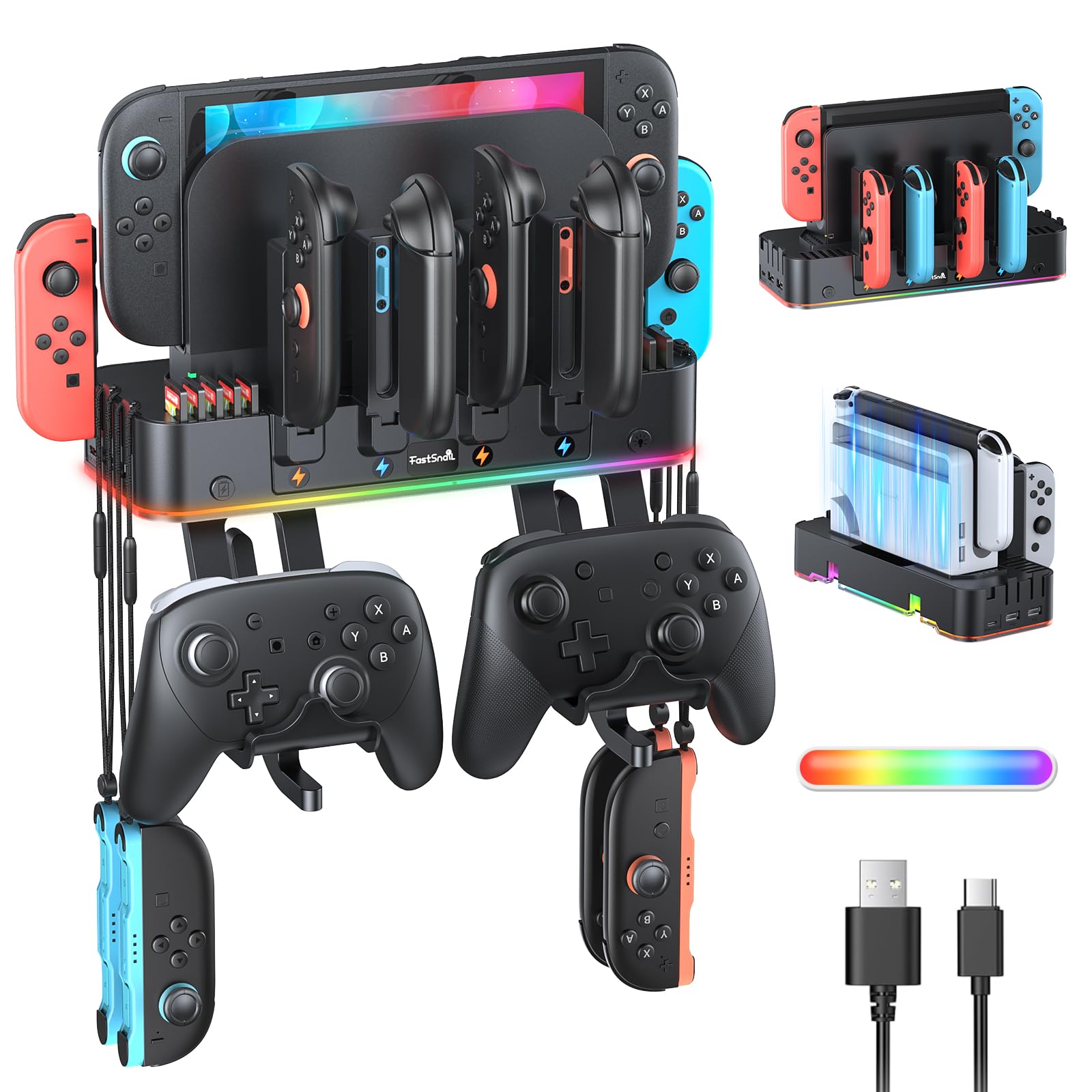 [Switch 2/1/OLED Compatible] RGB Switch 2 (2025) Wall Mount Kit for Joycon Charger  Switch Accessories Organizer with 15 Light Modes  2 USB Ports  10 Card Slots  Safely Store Switch Console Behind TV
