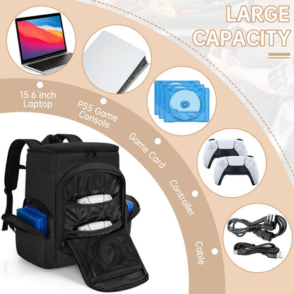 WELIDAY PS5 Gaming Console Backpack - Black, 15.6" Laptop Compartment, 2112 Cubic Inches, Multiple Pockets