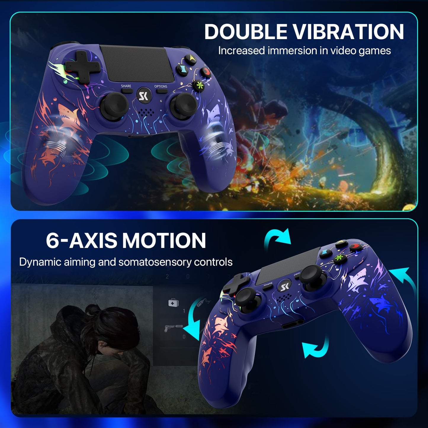 ISHAKO Wireless Controller for PS4 - Light-up Joystick with RGB, 1000mAh Battery, 3.5mm Audio Jack - Purple, 1 Pack