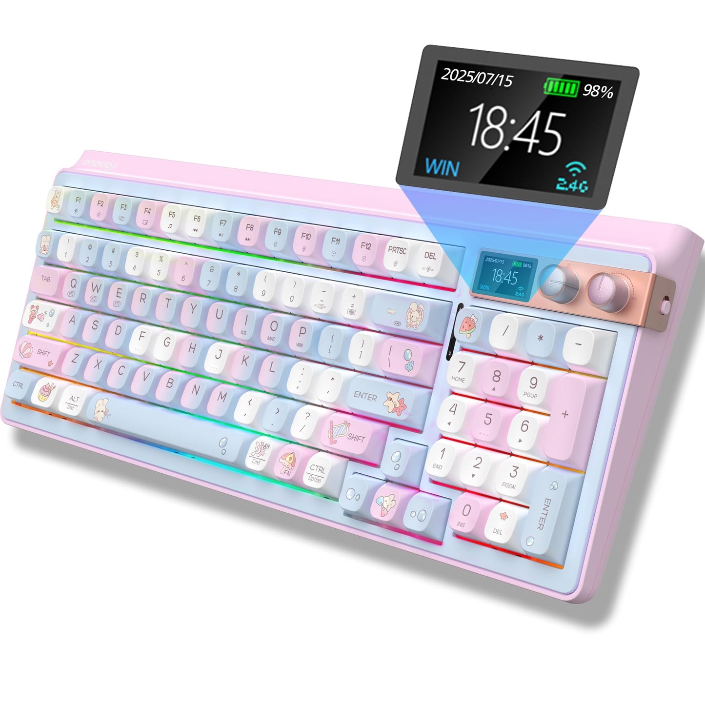 FOPATO H98 Wireless Mechanical Keyboard 96-Key Hot-Swappable Wired Gaming Keyboard Tri-Mode Bluetooth 5.0 2.4G USB-C 1.14 Color Screen Double Knob 6000mAh RGB PBT Keycaps for PC Mac iPad-Pink