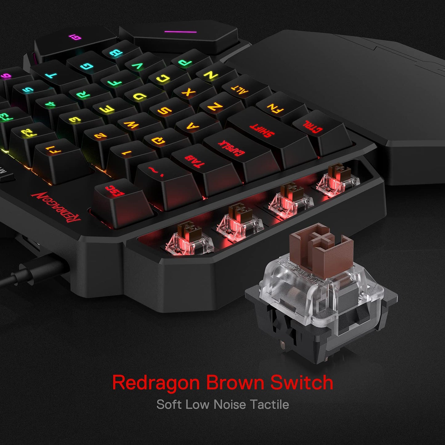 Redragon K585 DITI Wired One-Handed RGB Mechanical Gaming Keyboard, 42 Keys, Brown Switch, Black K585, Hot-Swappable, 7 Macro Keys