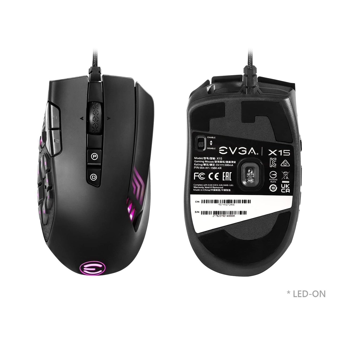 EVGA X15 MMO Gaming Mouse, Wired, 16,000 DPI, 20 Buttons, 5 Profiles, Ergonomic, Black