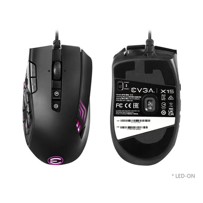 EVGA X15 MMO Gaming Mouse, Wired, 16,000 DPI, 20 Buttons, 5 Profiles, Ergonomic, Black