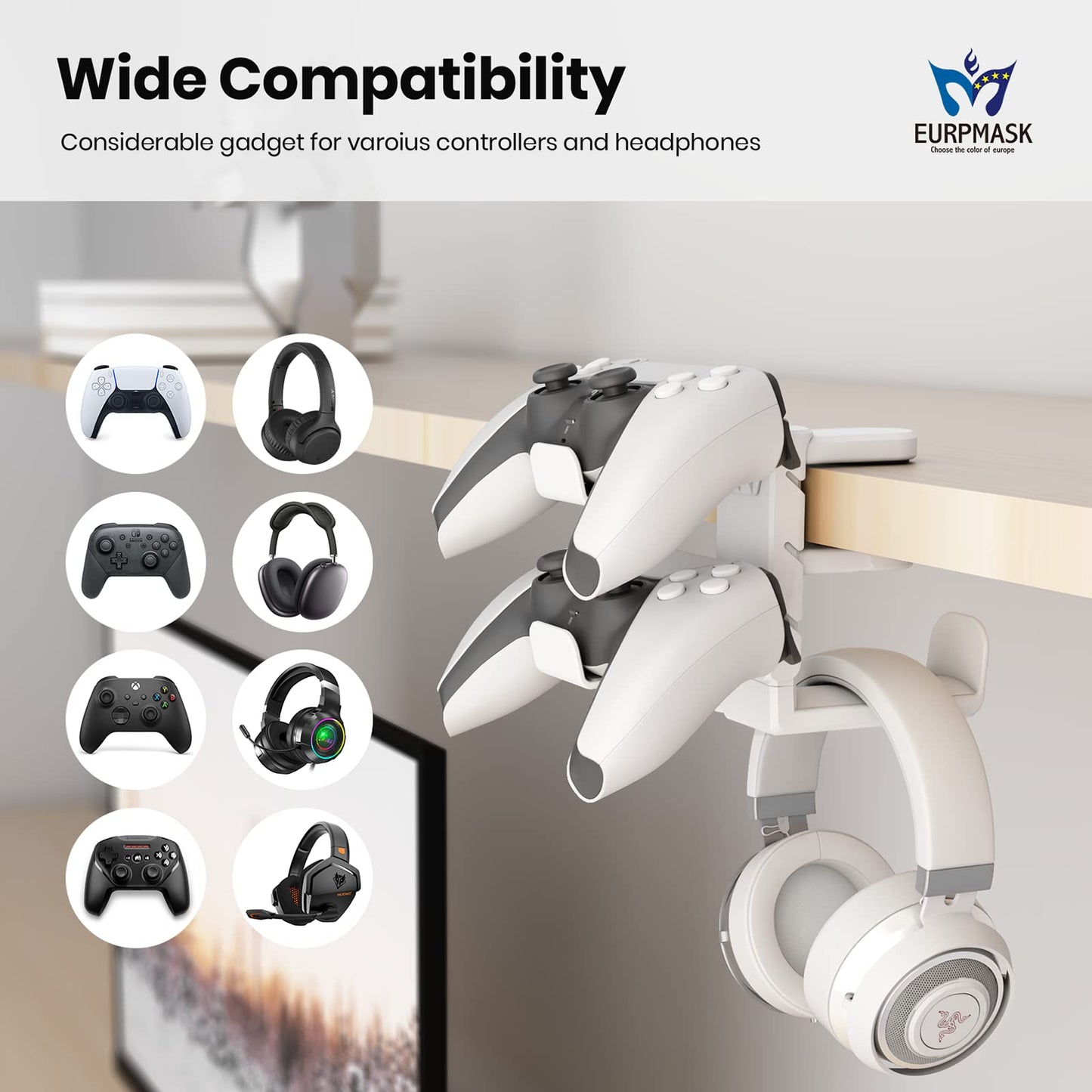 EURPMASK 3-in-1 Gaming Headset & Controller Holder, Adjustable Clamp, Rotating Arm, Cable Organizer, White, Model ZYM-GAMEHSET-UP-W