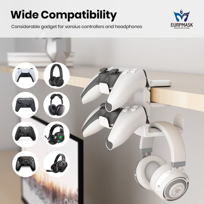 EURPMASK 3-in-1 Gaming Headset & Controller Holder, Adjustable Clamp, Rotating Arm, Cable Organizer, White, Model ZYM-GAMEHSET-UP-W