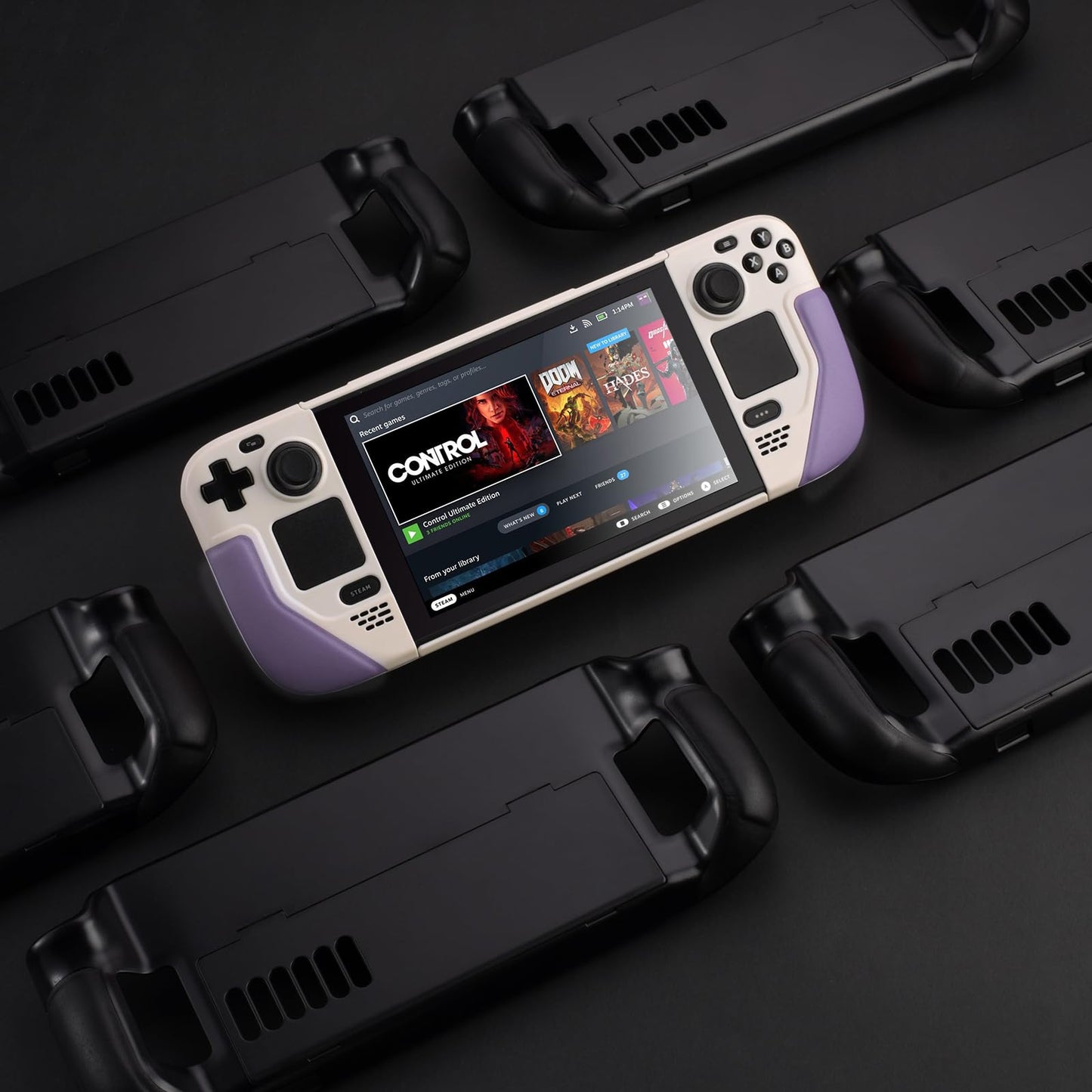 UYIYE Kickstand Case for Steam Deck - Protective Accessory, Beige/Purple, Model CASE-STEAM-FT02-Purple