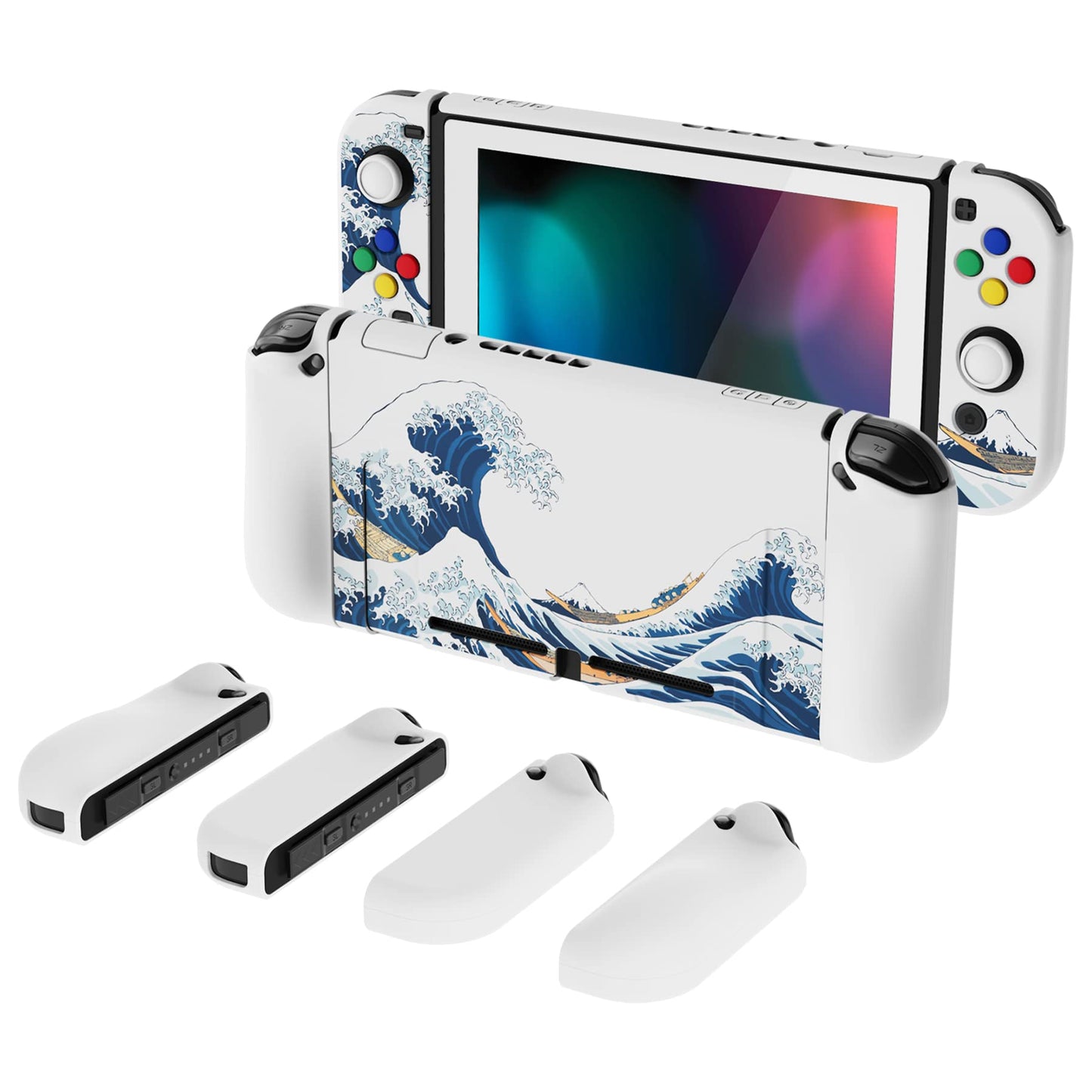 PlayVital AlterGrips Ergonomic Grips Cover for Nintendo Switch  [2 Design] Interchangeable Dockable Protective Case with Screen Protector & Thumb Grip Buttons Caps - The Great Wave off Kanagawa