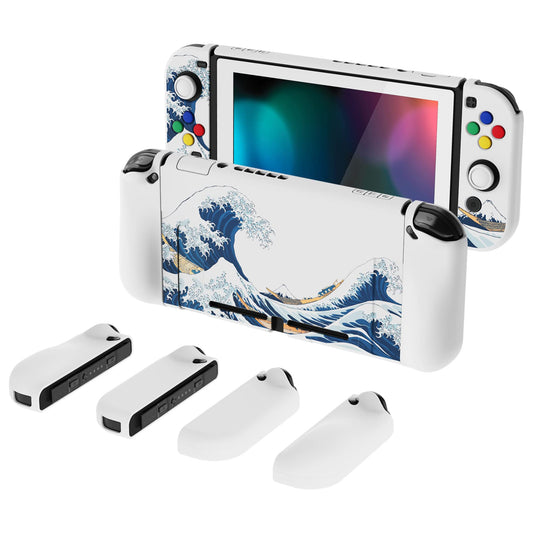 PlayVital AlterGrips Ergonomic Grips Cover for Nintendo Switch  [2 Design] Interchangeable Dockable Protective Case with Screen Protector & Thumb Grip Buttons Caps - The Great Wave off Kanagawa