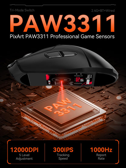 FMOUSE Wireless Gaming Mouse, 12,000 DPI, Tri Mode, Ergonomic, USB C Rechargeable, 6 Programmable Buttons, Black, Model M501