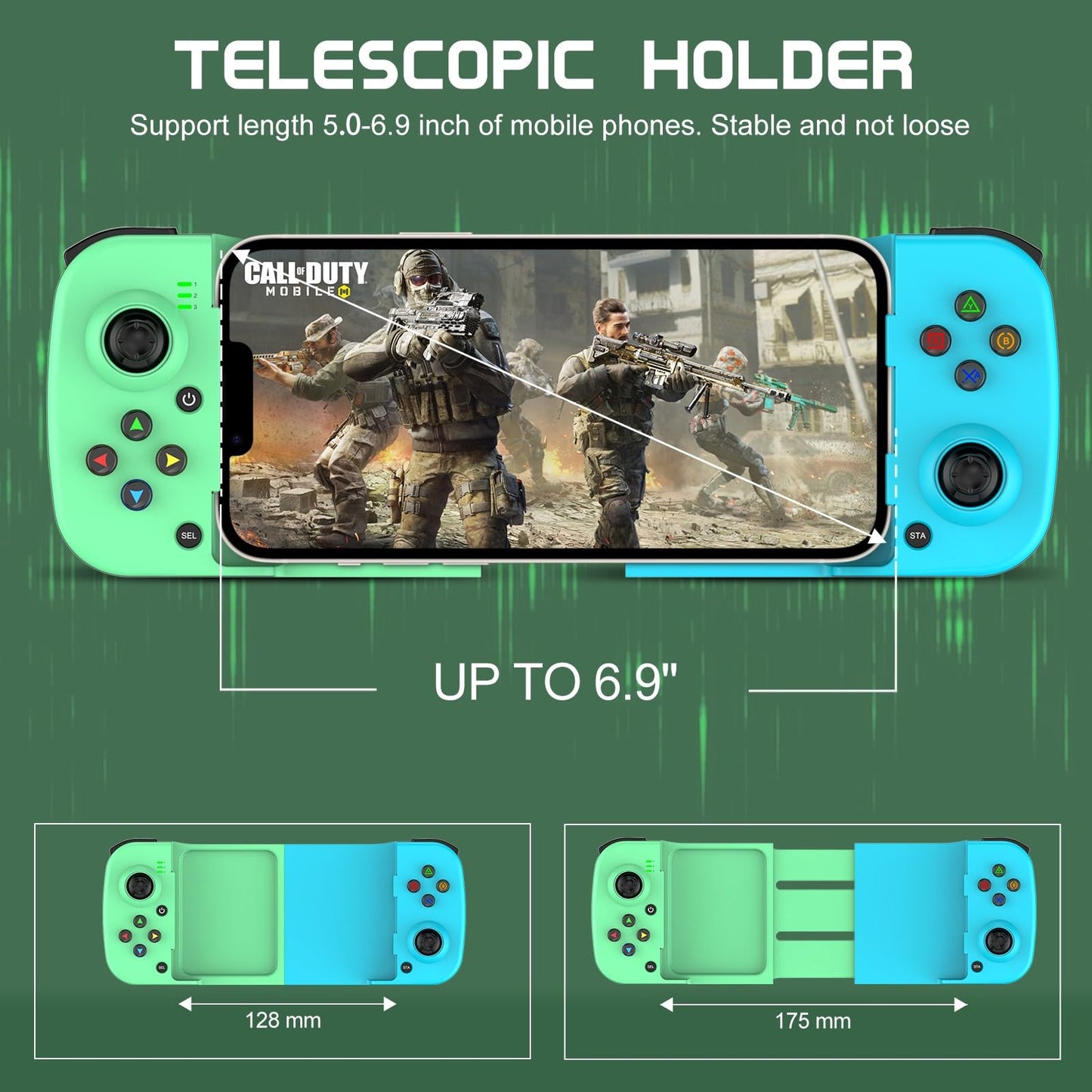 Joso Mobile Gaming Controller for iPhone/Android - Wireless Gamepad, Ergonomic Design, Green+Blue, Model BSP-D3