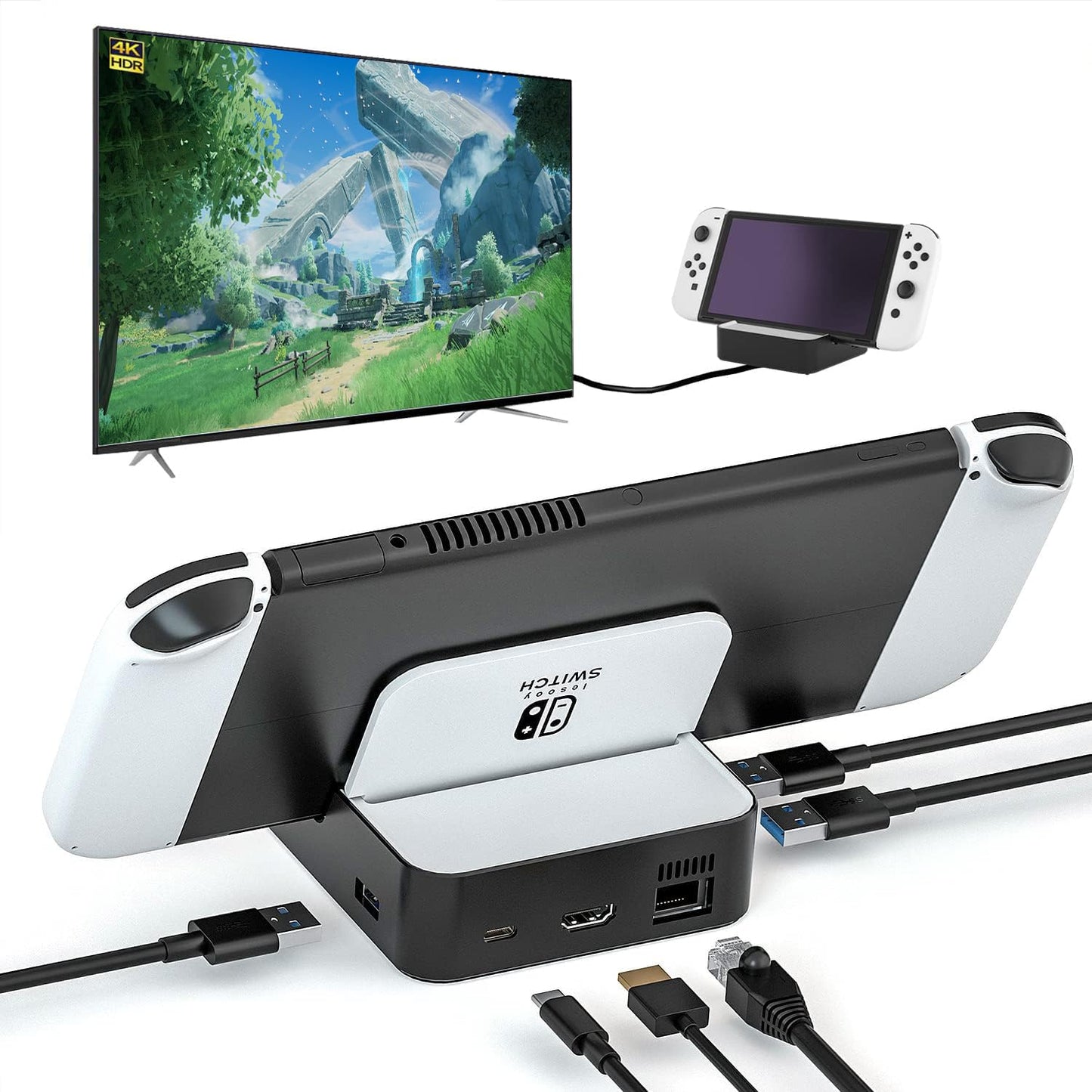 TV Docking Station for Nintendo Switch/Nintendo Switch OLED Model  6-in-1 Switch Dock with HDMI 2.0  100Mbps Ethernet  2 USB-A 2.0  1 USB 3.0 100W USB-C Charging Port  Supports YouTube On TV