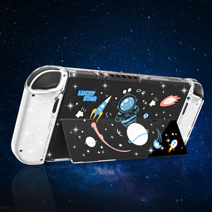 NANANINO Switch OLED Protective Case - Space Theme, Plastic, with Tempered Glass Screen Protector & Thumb Grip Caps