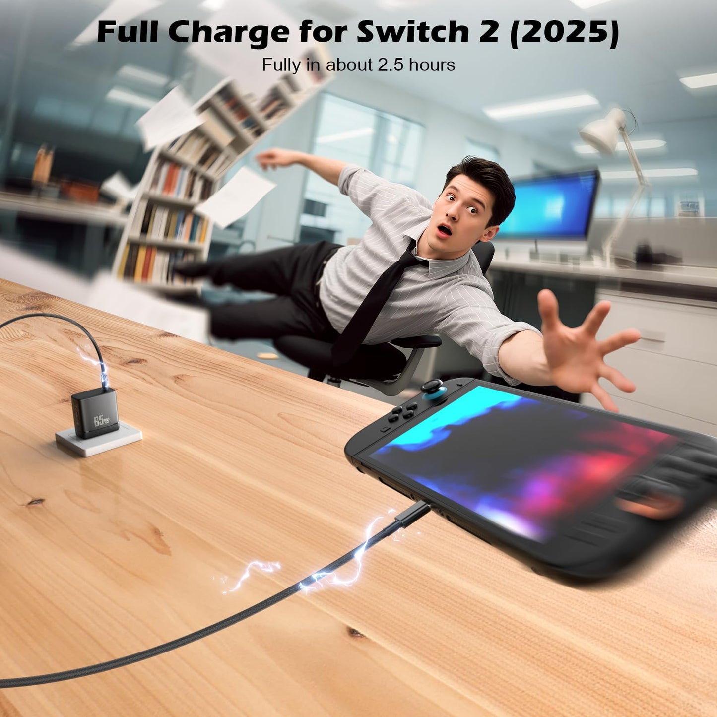 CloudValley 65W AC Charger for Nintendo Switch & Steam Deck - GaN PD Fast Charging, Foldable US Plug, 5FT Cable, Black