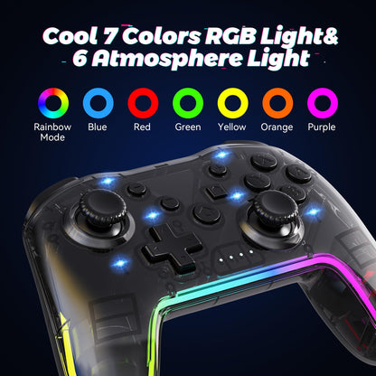 Twylyte Wireless Controller for Switch/Lite/OLED & PC - RGB Backlight, Turbo & Vibration, Transparent Black
